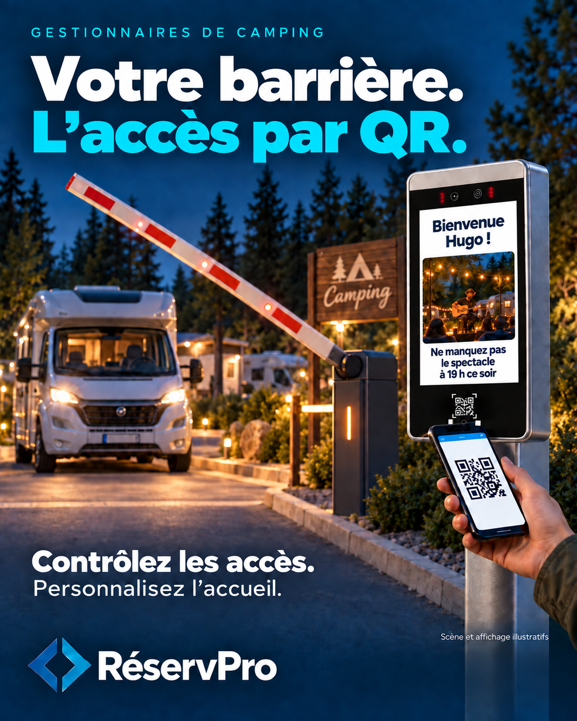 Votre barrière. L’accès par QR. Contrôlez les accès et personnalisez l’accueil — scène illustrative.