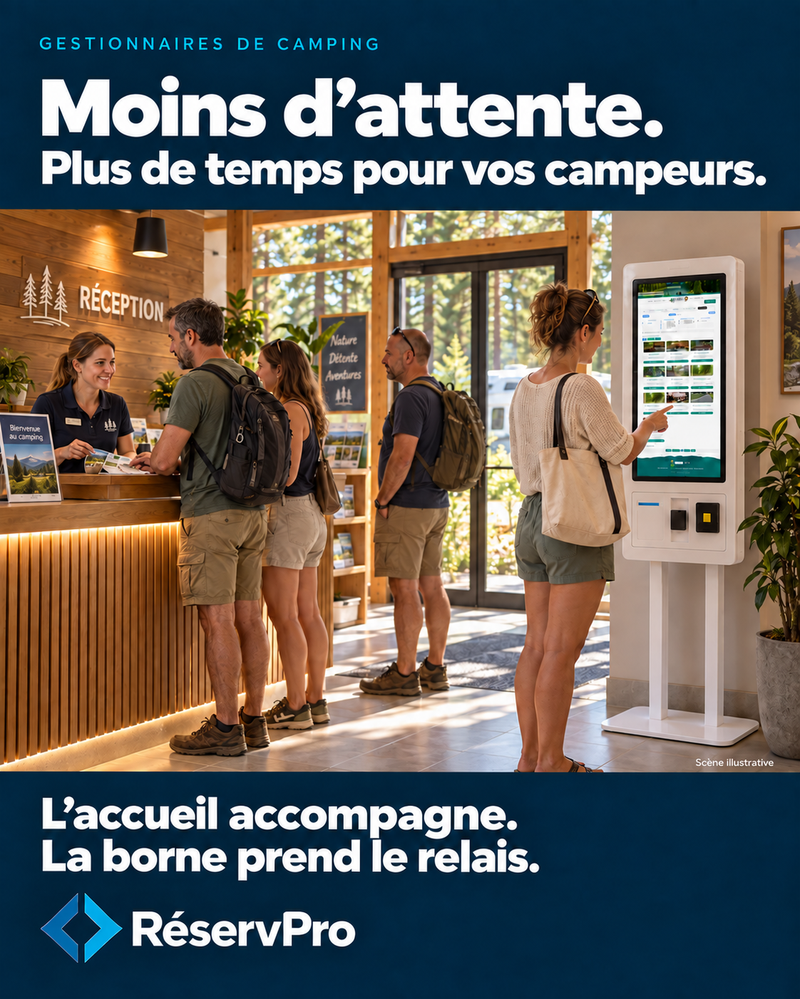 Moins d’attente. Plus de temps pour vos campeurs. L’accueil accompagne, la borne prend le relais — scène illustrative.