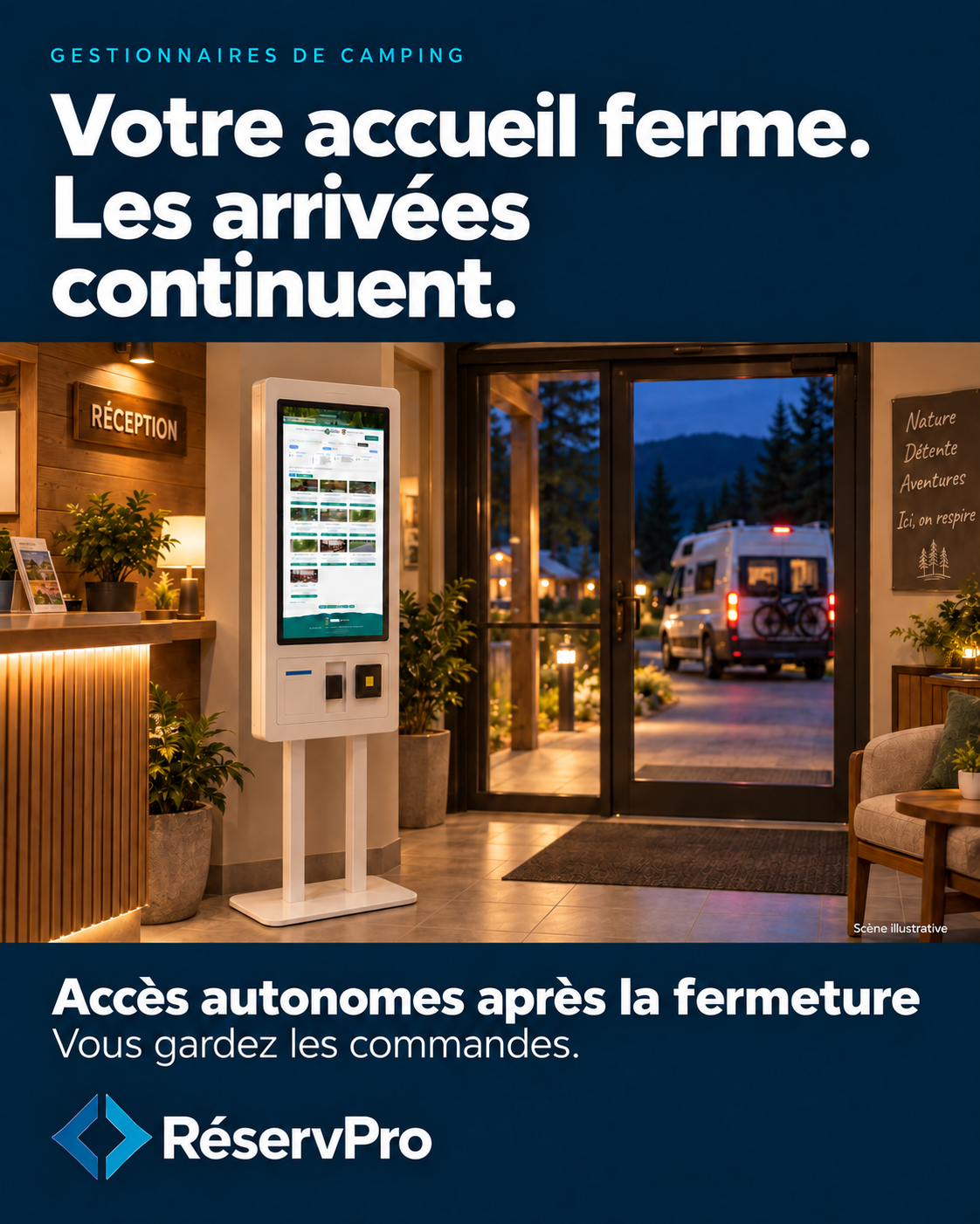 Votre accueil ferme. Les arrivées continuent. Accès autonomes après la fermeture, vous gardez les commandes — scène illustrative.