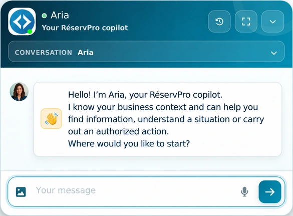 Aria, your RéservPro copilot, ready to help in English