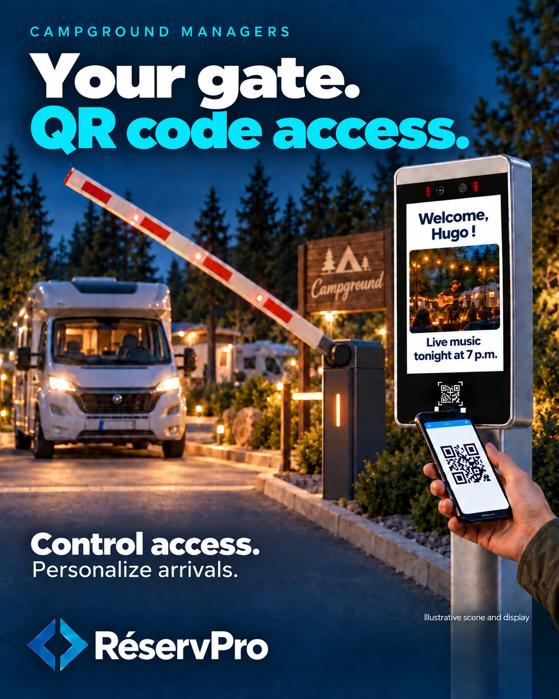 Your gate, QR code access: control entry and personalize arrivals — illustrative scene