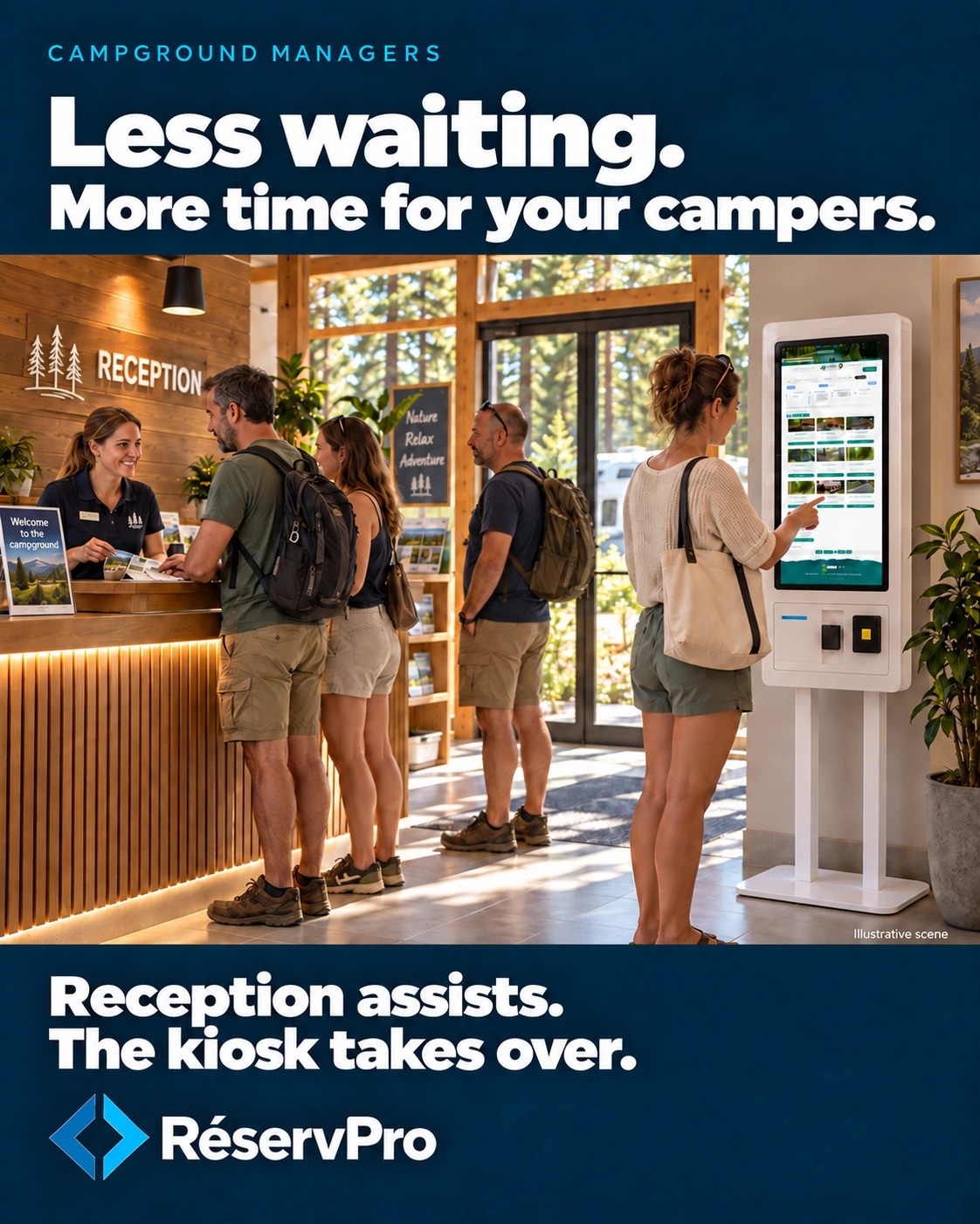Less waiting: reception assists guests and the kiosk takes over — illustrative scene