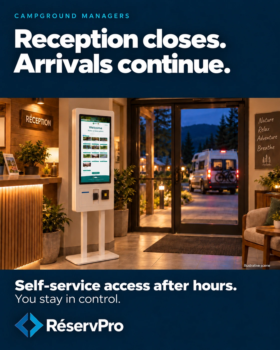 Reception closes and arrivals continue with self-service access — illustrative scene