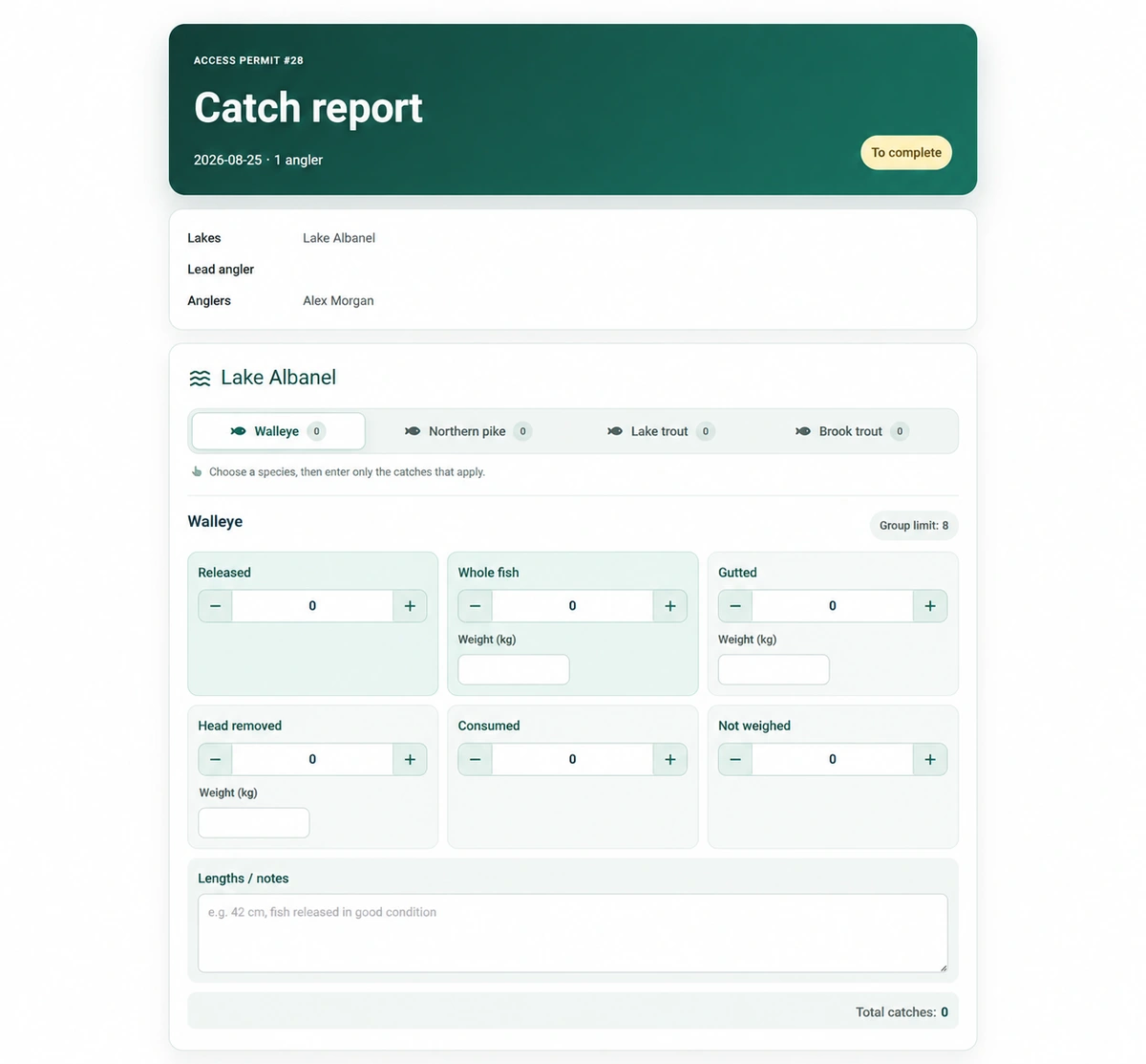 Catch report with species, released fish, retained catches and weights
