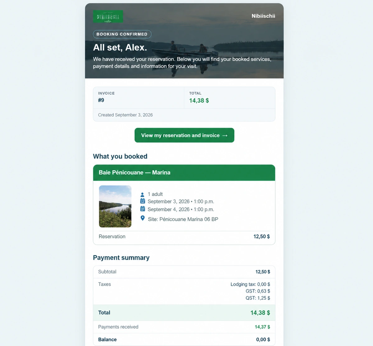 English reservation confirmation email with booked services and payment summary