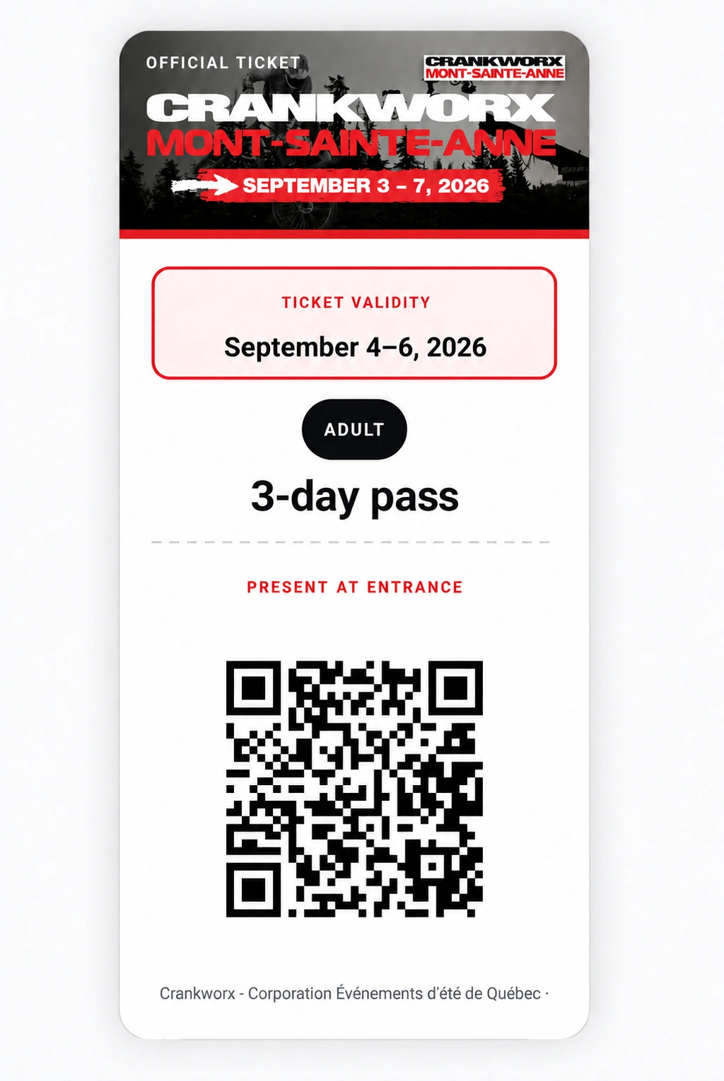 Example English Crankworx three-day ticket with validity dates and entrance QR code