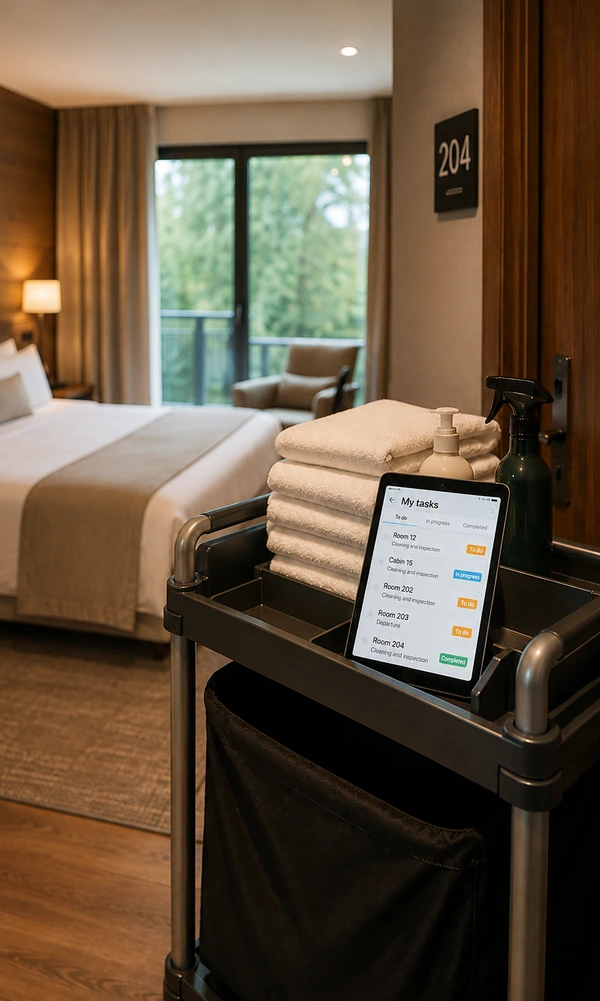 Hotel housekeeping team task list in English on a tablet