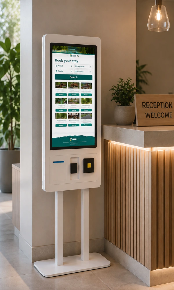 Self-service booking kiosk with an English catalogue in a reception area