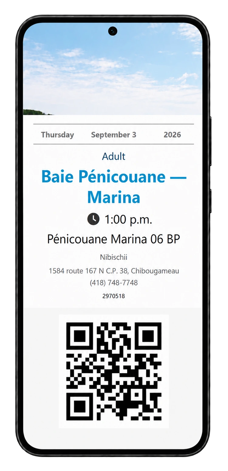 Example English mobile access ticket with reservation details and QR code