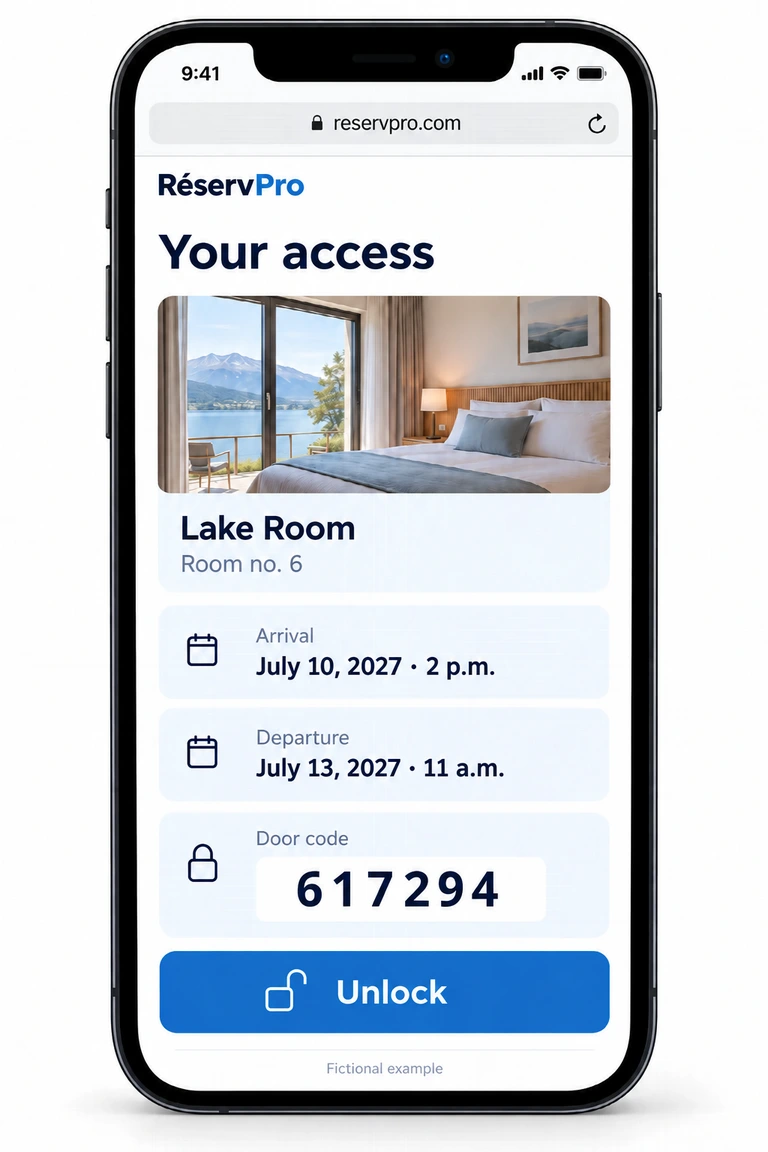 Fictional English room access page with stay dates, door code and unlock button