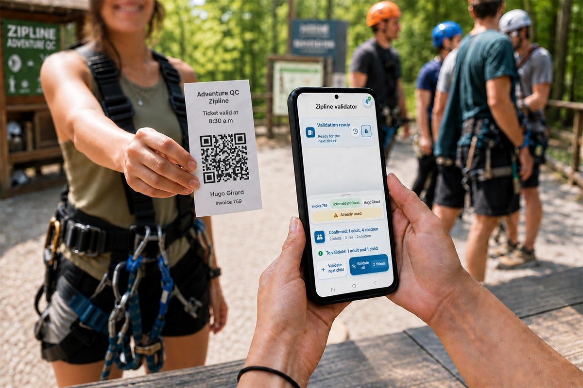 English ticket validation interface at an outdoor adventure attraction