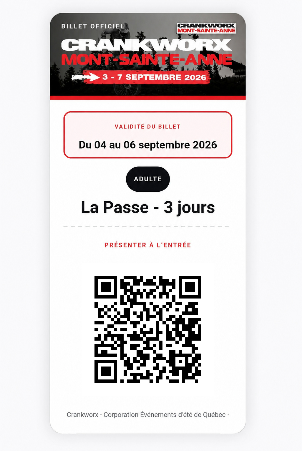 Exemple de billet Crankworx — QR vers la page Événements de RéservPro