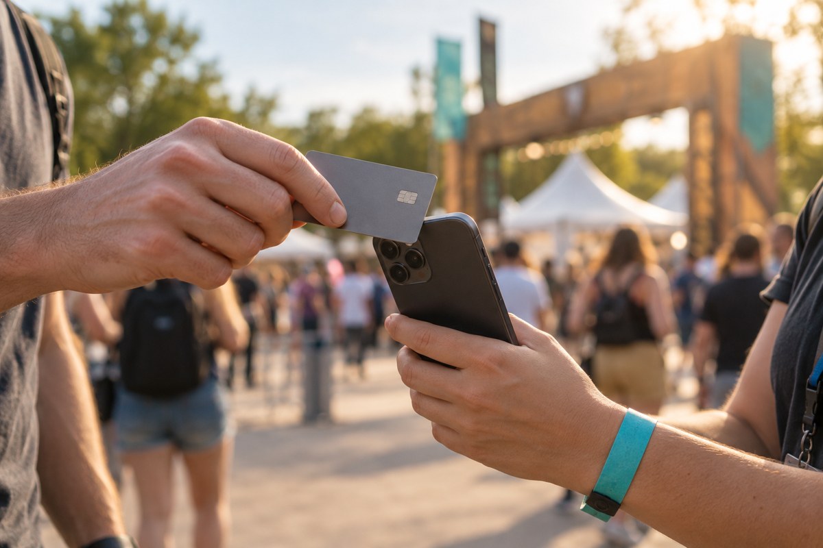 Un visiteur approche sa carte du téléphone d’un employé pour un paiement sans contact sur le terrain d’un festival.