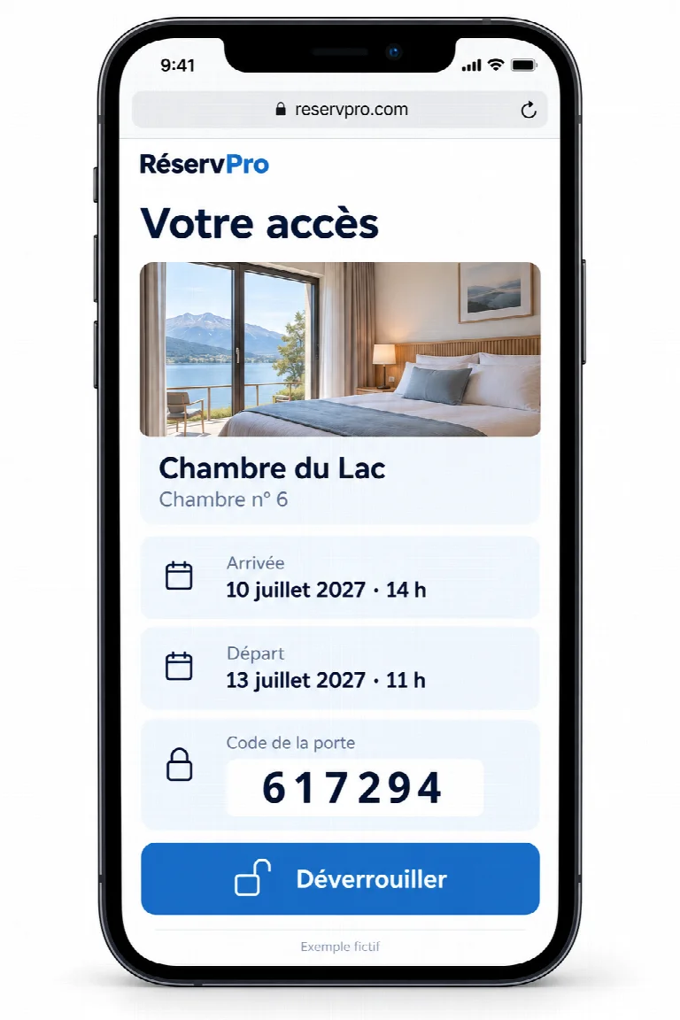 Téléphone affichant les accès RéservPro : nom et numéro de chambre, dates du séjour, code de porte fictif et bouton Déverrouiller.